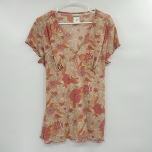 Vintage Womens Y2K‎ Floral Fairy Babydoll Top Size XL Peach Boho Coquette 2000s